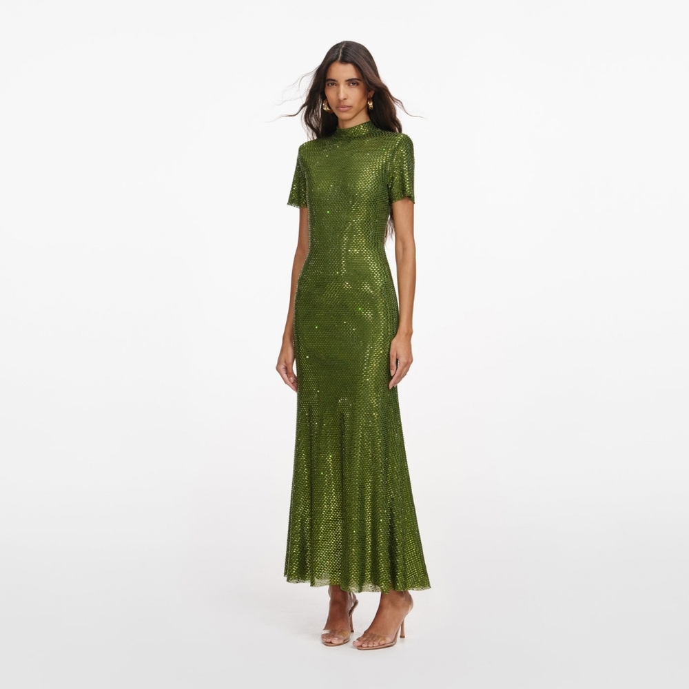 Self-Portrait Olive Rhinestone Mesh Midi Dress - Picture 2 of 7